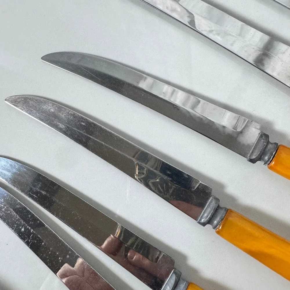 Westfield Stainless Carving Knife Fork 6 Steak Knives Set Butterscotch Bakelite
